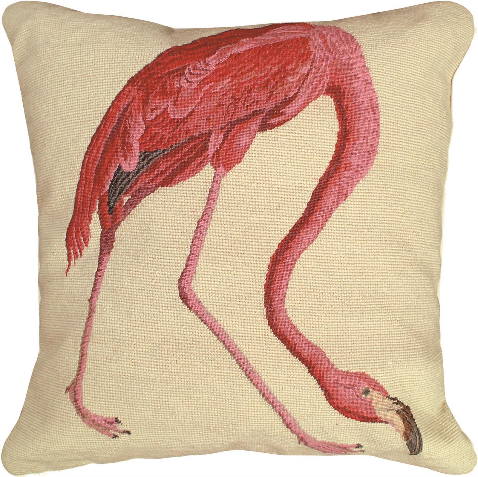 Throw Pillow Needlepoint American Flamingo View 20x20 Down Insert Wool Cotton-Image 1