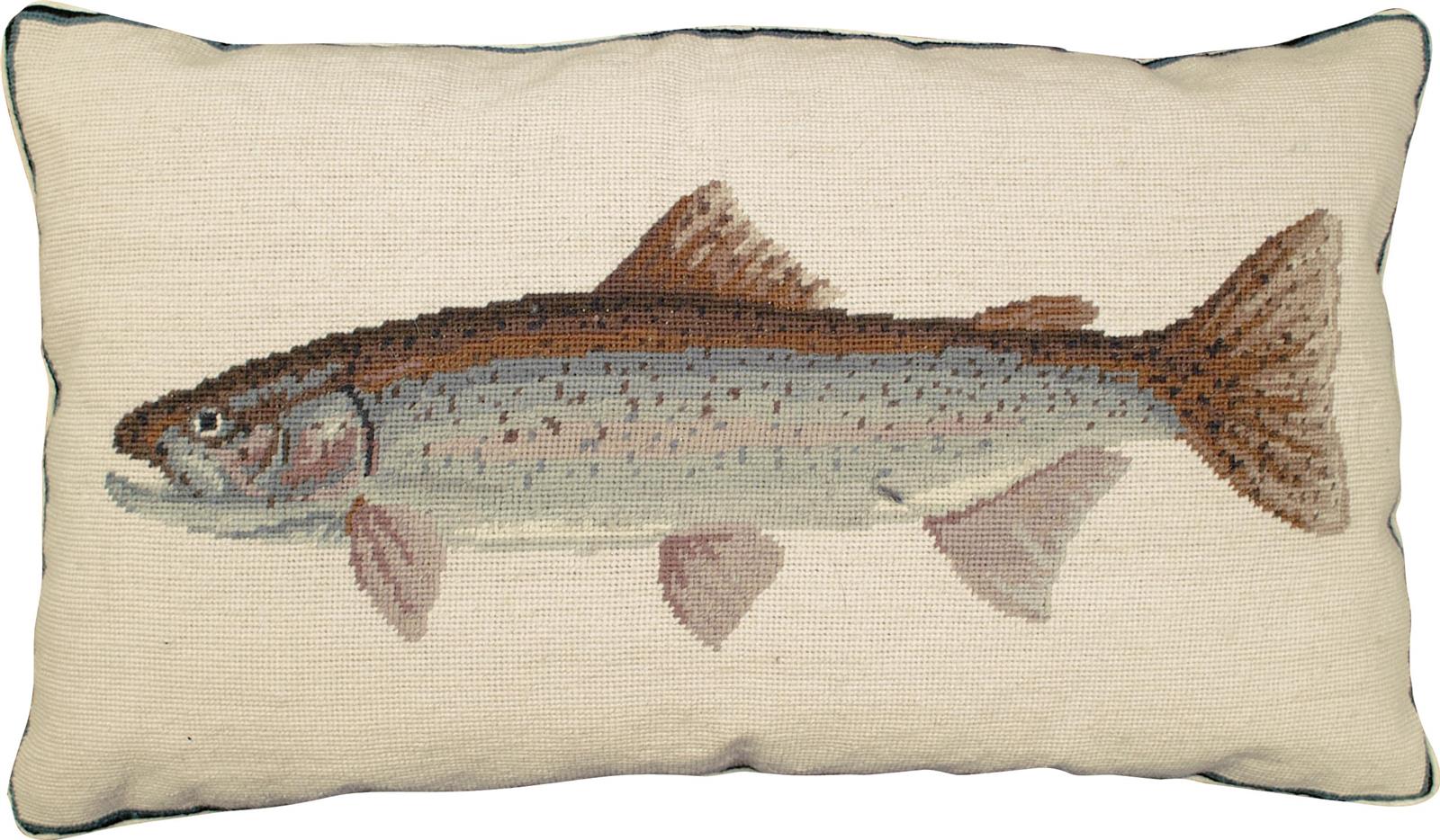 Throw Pillow Needlepoint Rainbow Trout Fish 16x28 28x16 Green Silvery Blue-Image 1