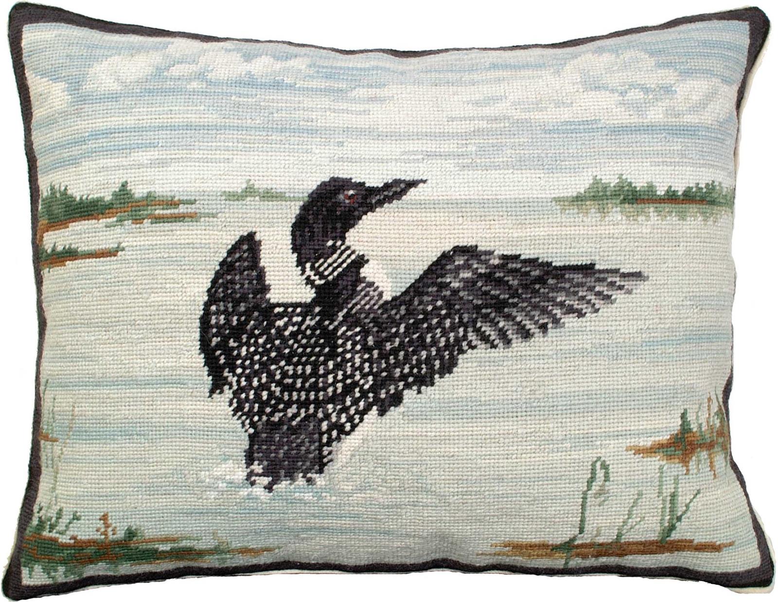 Throw Pillow Needlepoint Loon in Flight 16x20 20x16 Blue Red Black White Down-Image 1