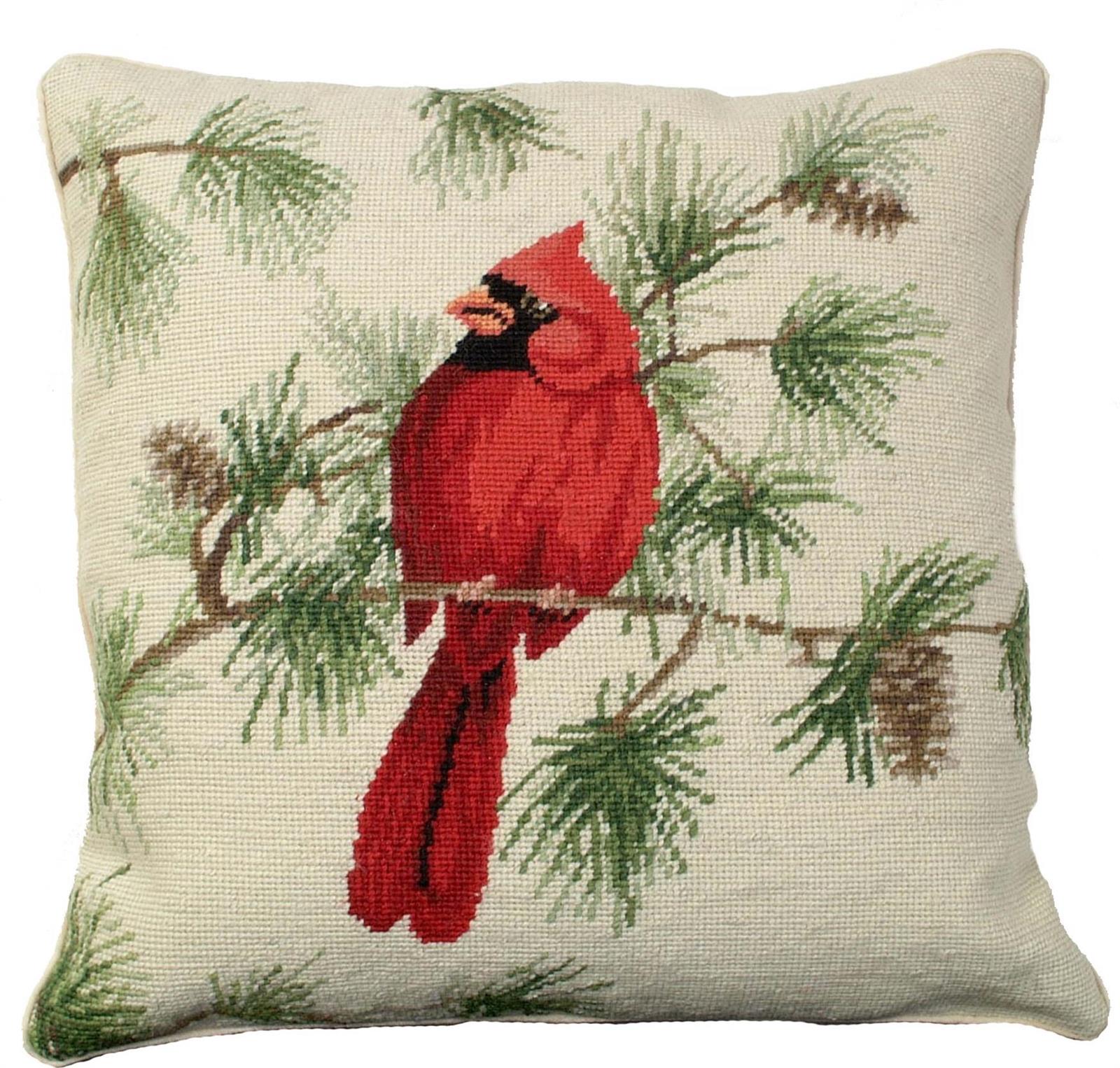 Pillow Throw CARDINAL Bird Branch 18x18 Down Insert Cotton Velvet Back Wool-Image 1