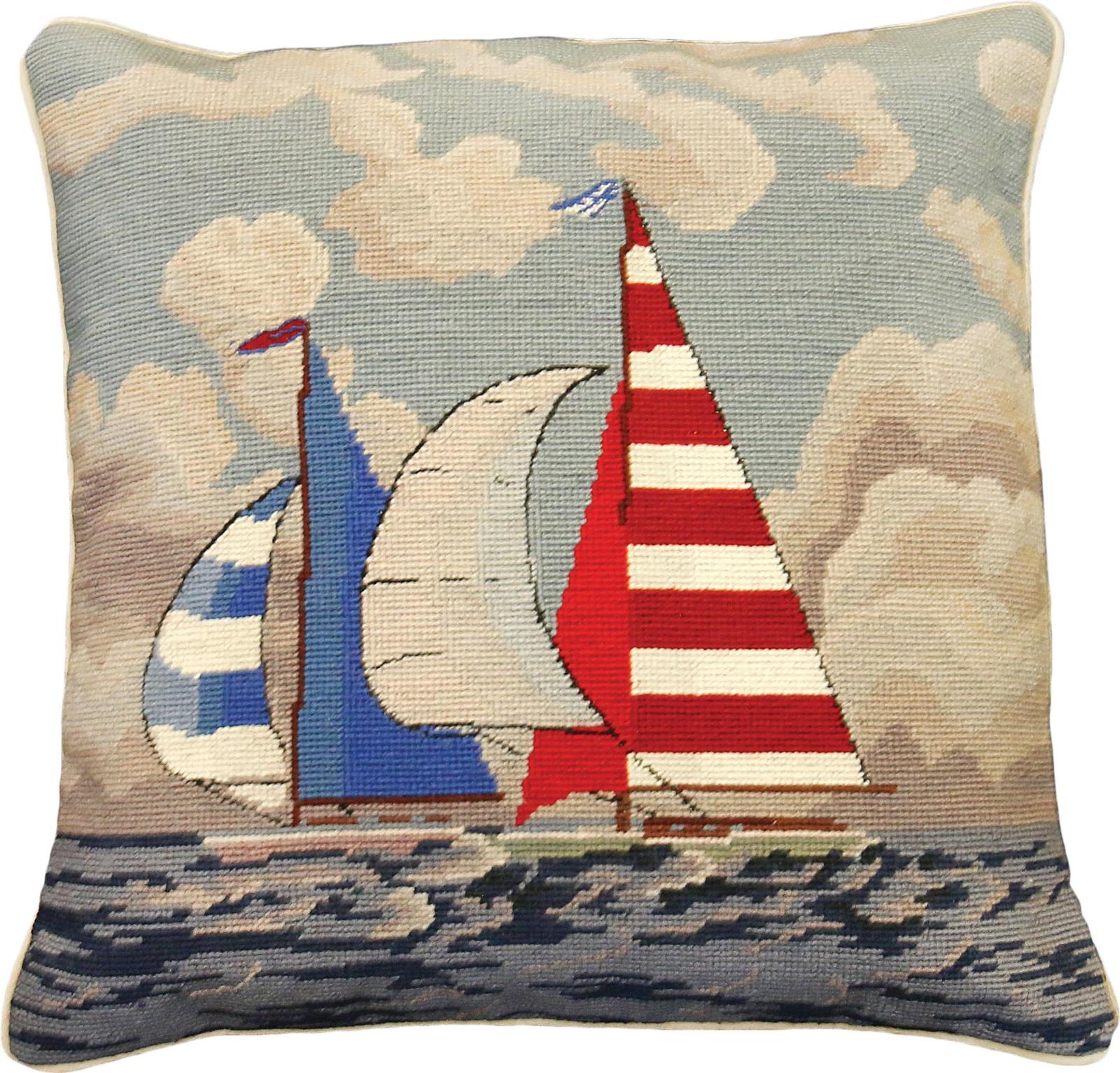 Pillow Throw Needlepoint Striped Sailboat 18x18 Cotton Velvet Back Wool-Image 1