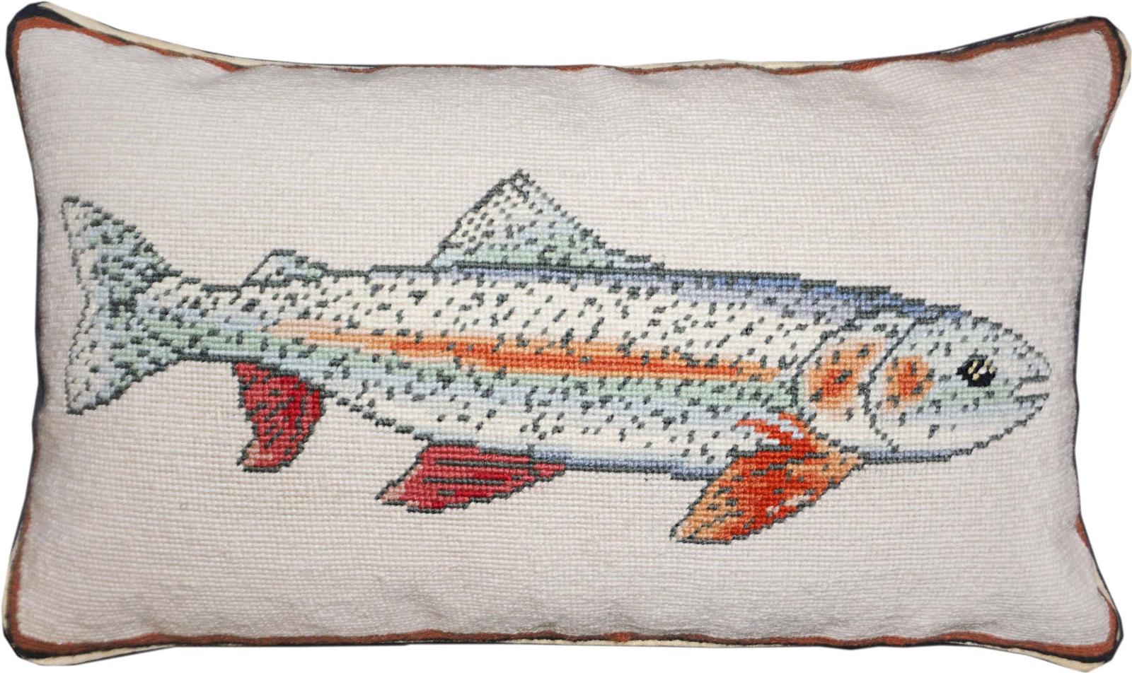 Pillow Throw Needlepoint Swimming Rainbow Trout 12x21 21x12 Wool Cotton Velvet-Image 1