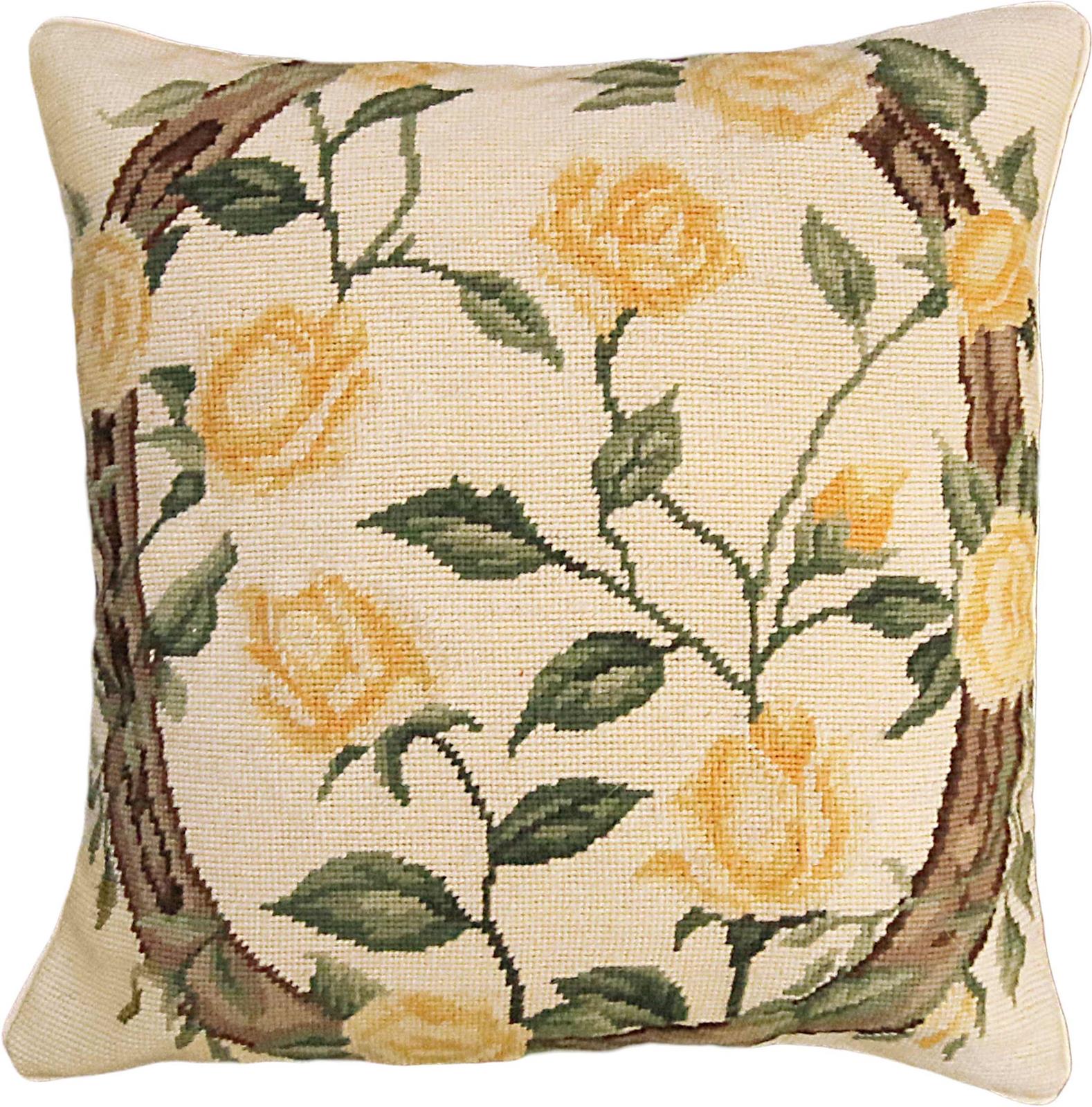 Pillow Throw Needlepoint Rose of Texas 18x18 Beige Back Yellow Wool Cotton-Image 1