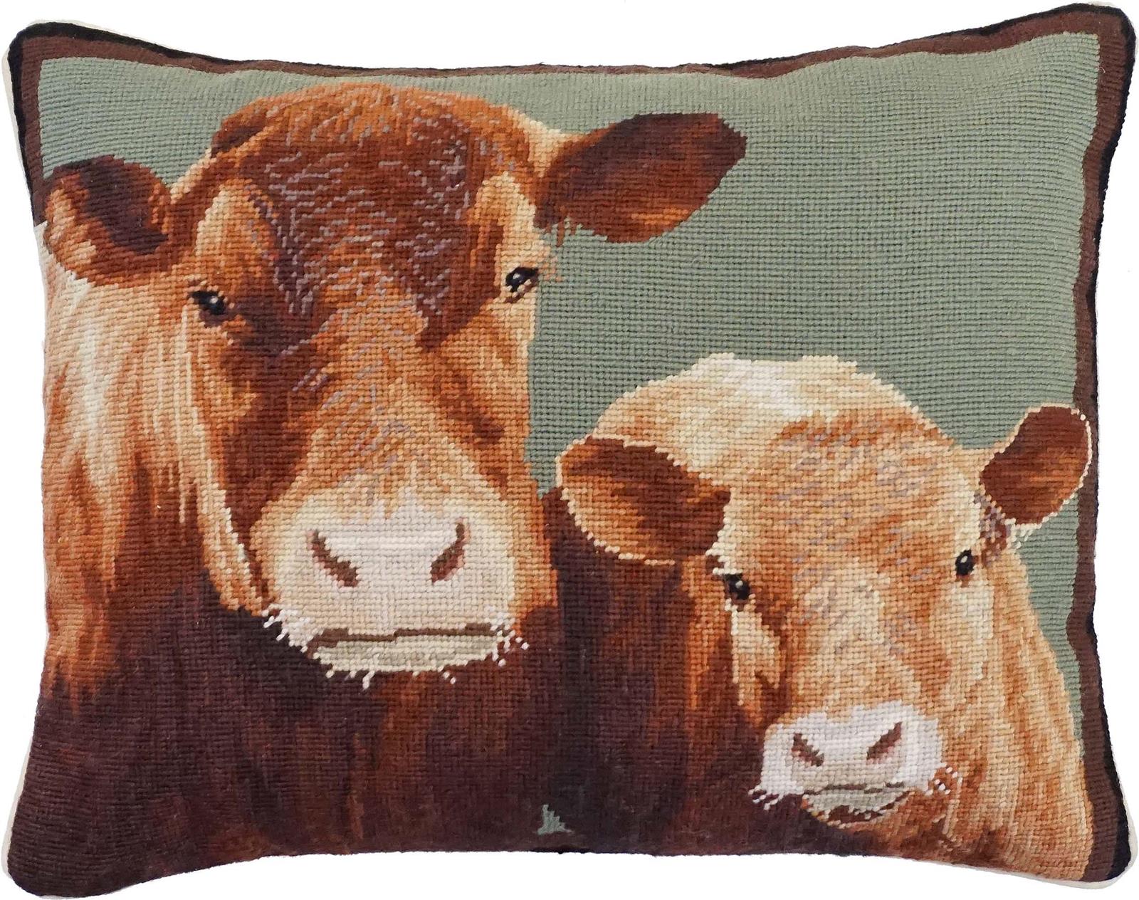Pillow Throw Needlepoint Cow and Calf 16x20 20x16 Cream White Green Brown Cotton-Image 1