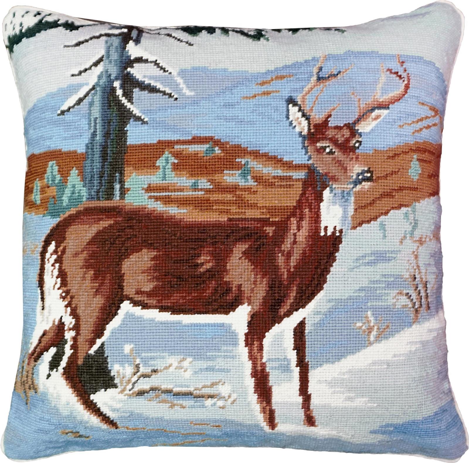 Pillow Throw Needlepoint Winter Deer 18x18 Brown Blue Gold White Green Down-Image 1