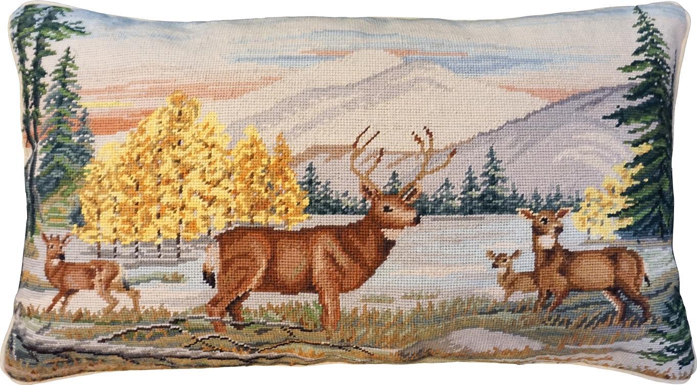 Pillow Throw Needlepoint Deer Park 16x28 28x16 White Down Insert Wool Cotton-Image 1