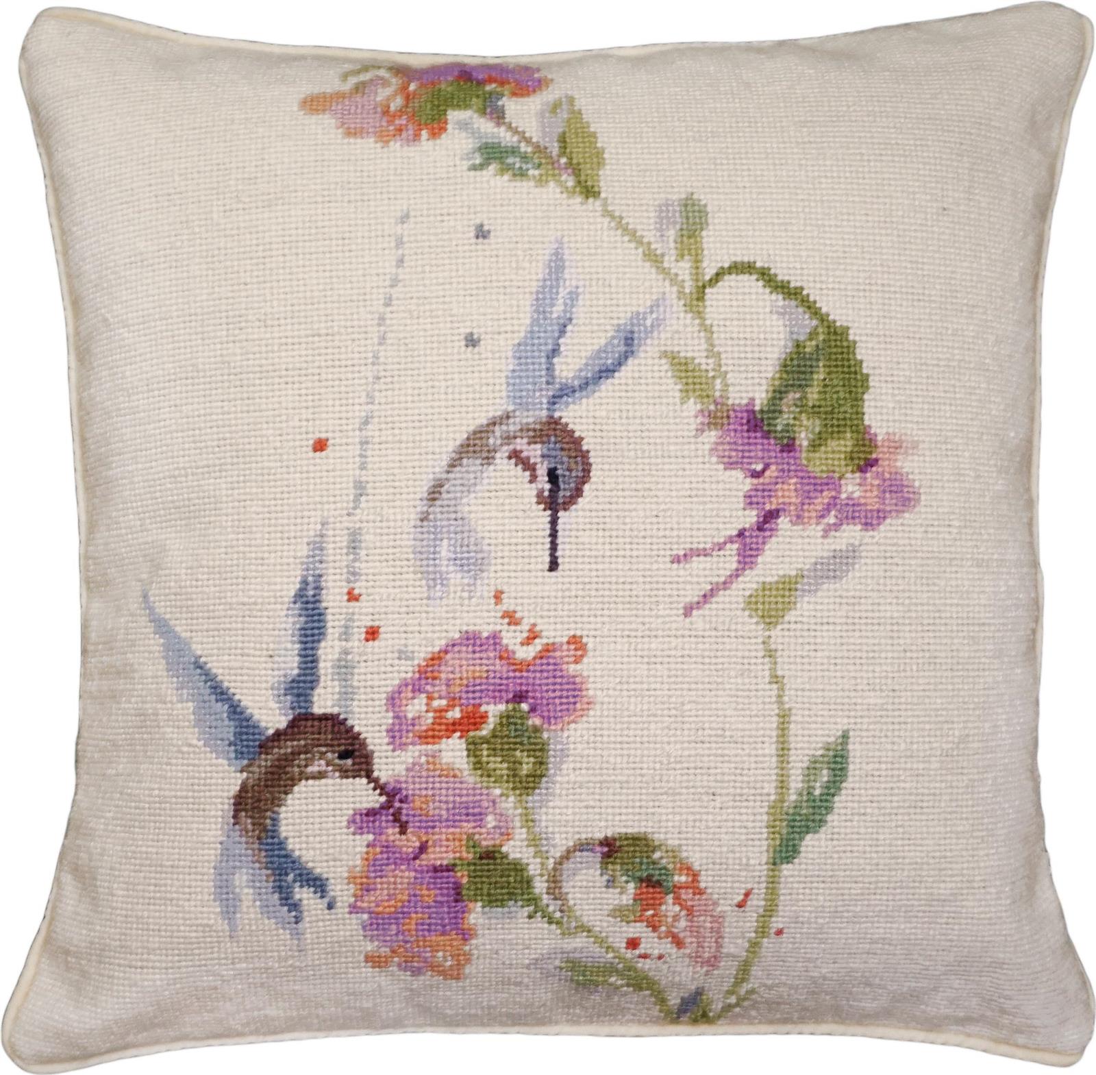 Pillow Throw Needlepoint Double Hummingbird 18x18 Cotton Velvet Back Down-Image 1