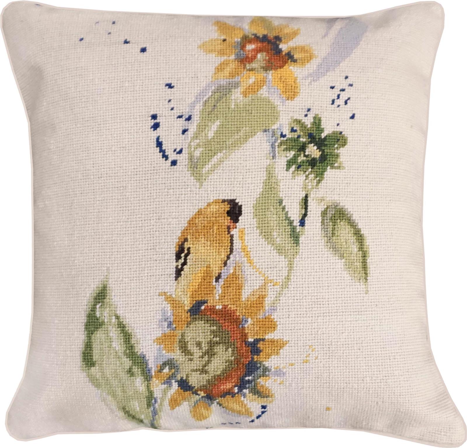 Pillow Throw Needlepoint Goldfinch With Sunflower 18x18 Gold Yellow Down Insert-Image 1