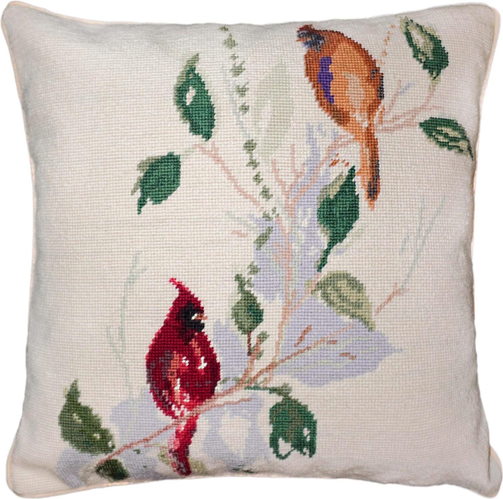 Pillow Throw Needlepoint Double Cardinals 18x18 Red Green Cotton Velvet Back-Image 1