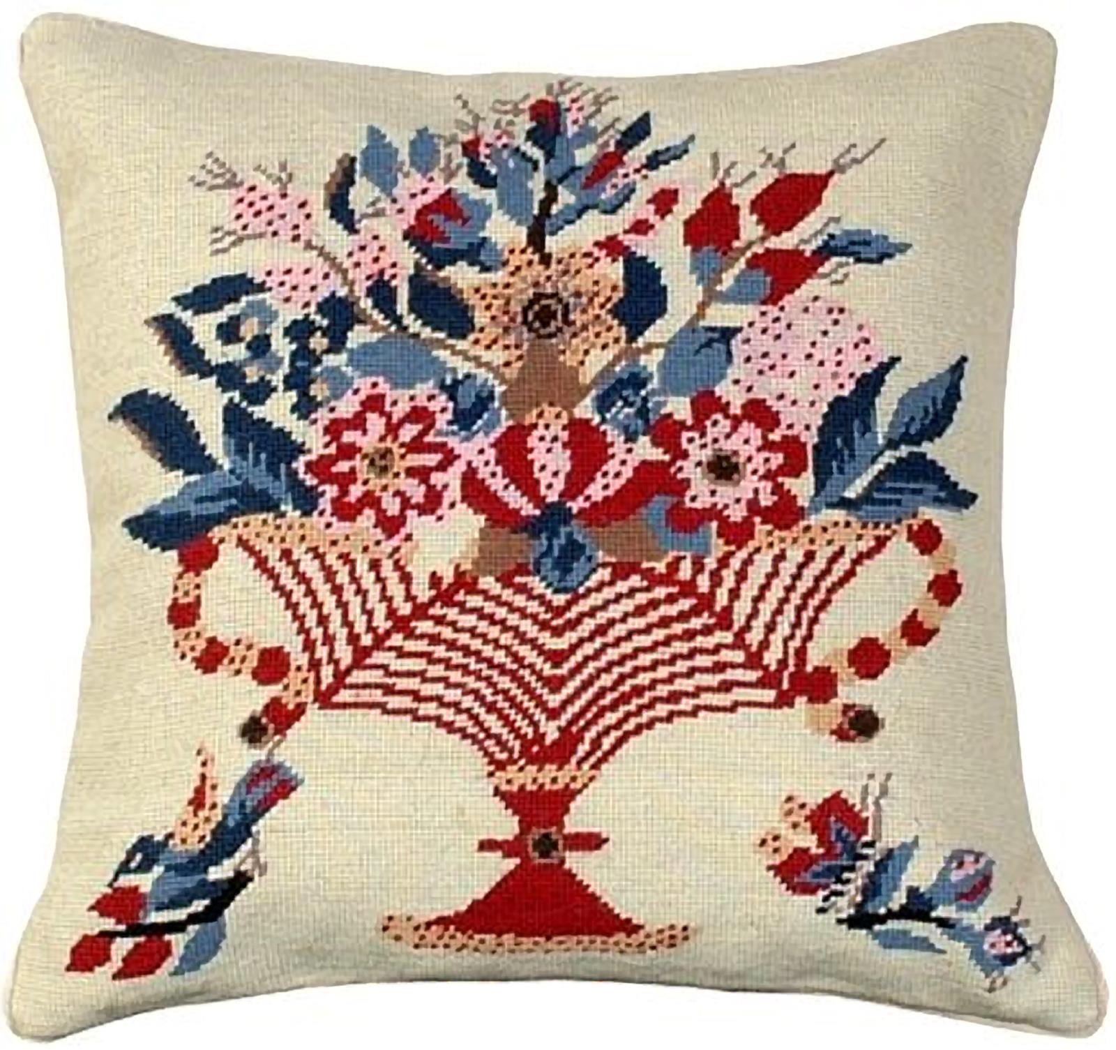 Throw Pillow Needlepoint Vase Bird Star 18x18 Red Blue Cotton Velvet Wool-Image 1