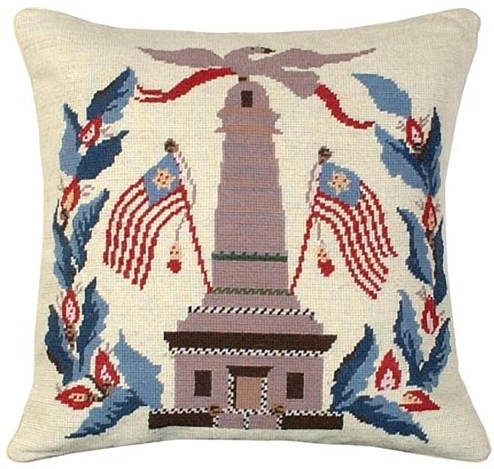 Throw Pillow Needlepoint Monument Flags 18x18 Cream Cotton Velvet Wool Handmade-Image 1