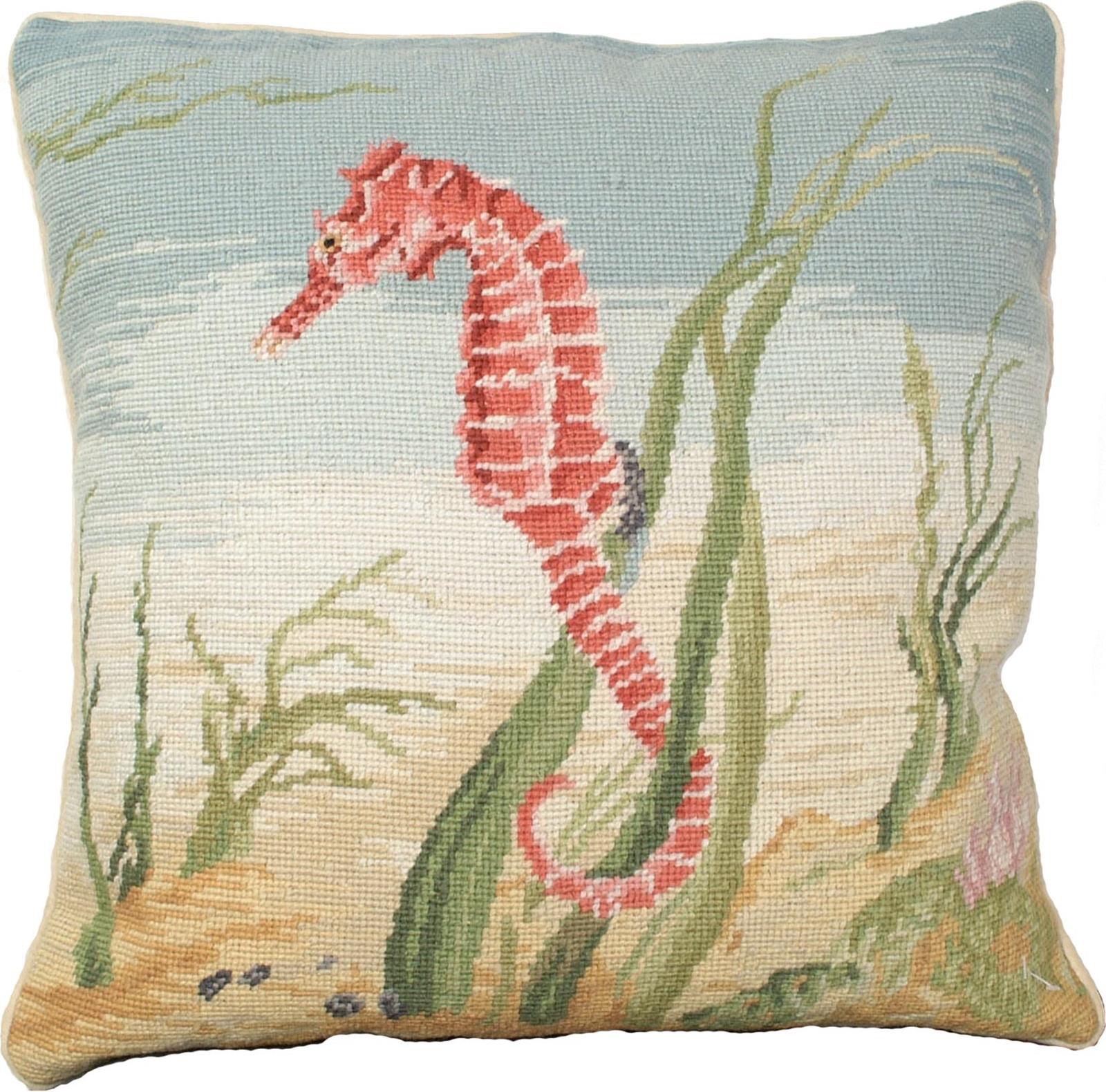 Pillow Throw Sea Horse 18x18 Coral Pink Down Insert Cotton Velvet Back Wool-Image 1