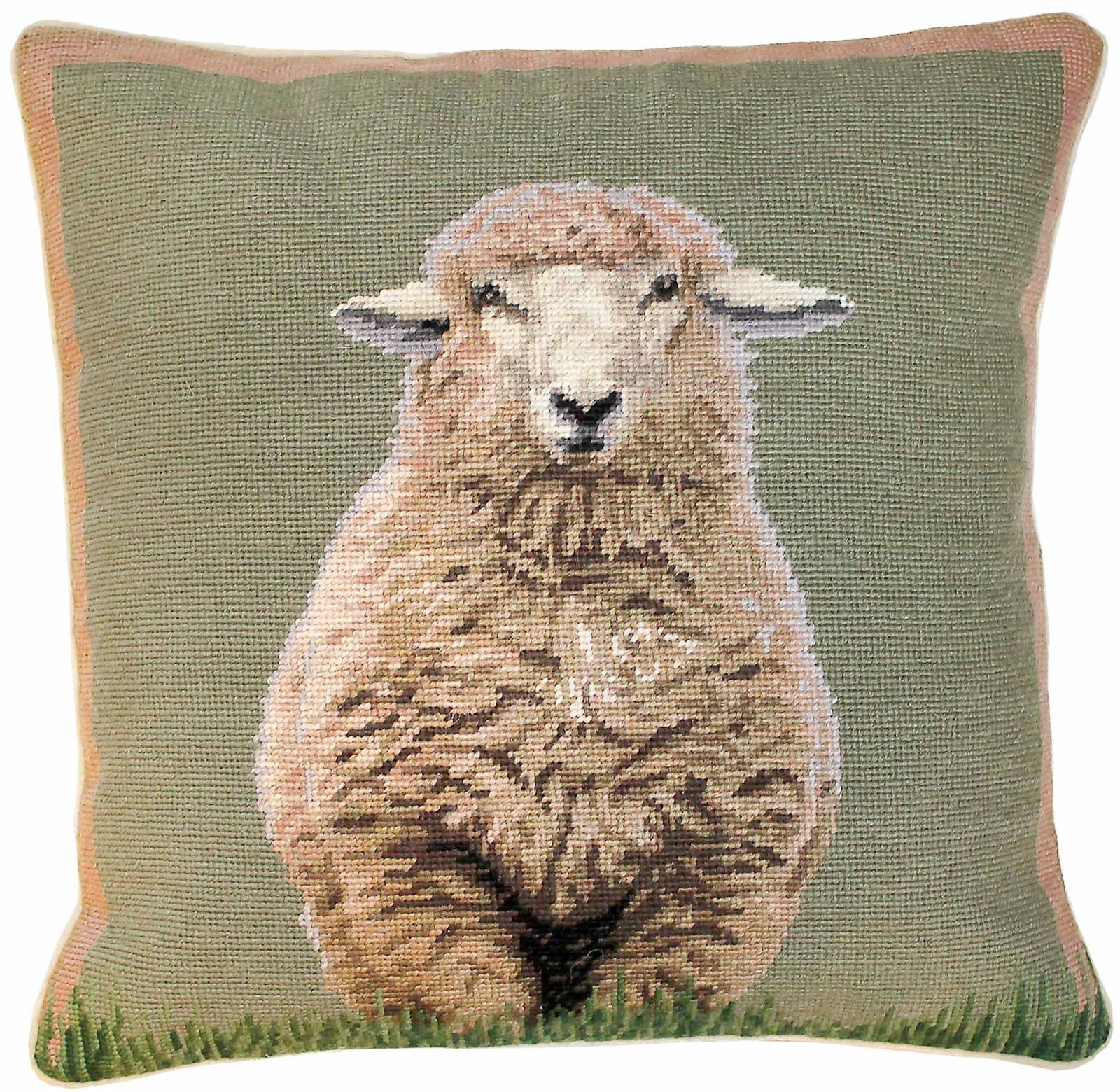 Throw Pillow Needlepoint Standing Sheep Right 18x18 Sage Green Cotton Velvet-Image 1