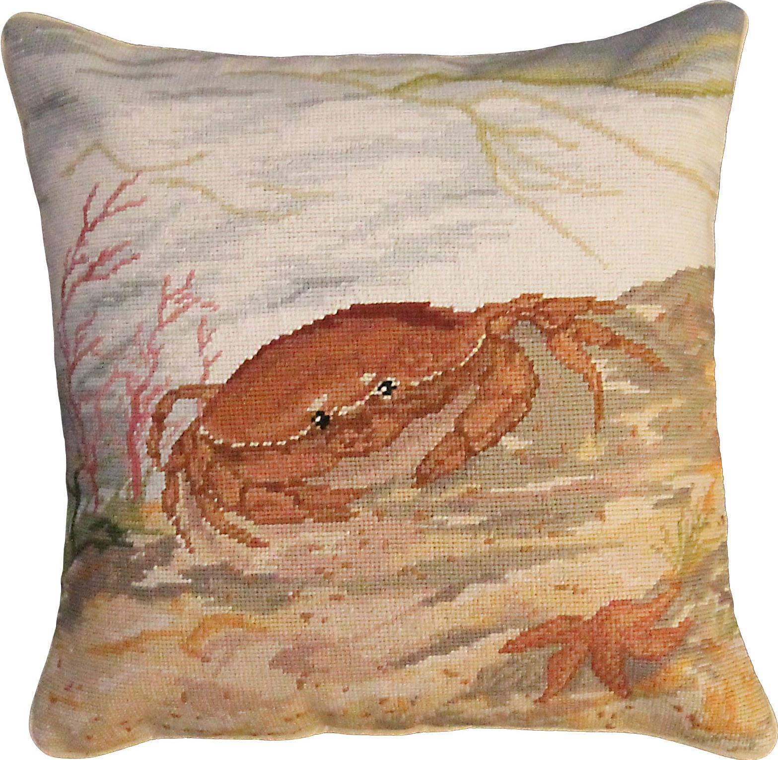 Throw Pillow NAUTICAL Needlepoint Crab Sea Star Ocean 18x18 Beige Velvet Back-Image 1