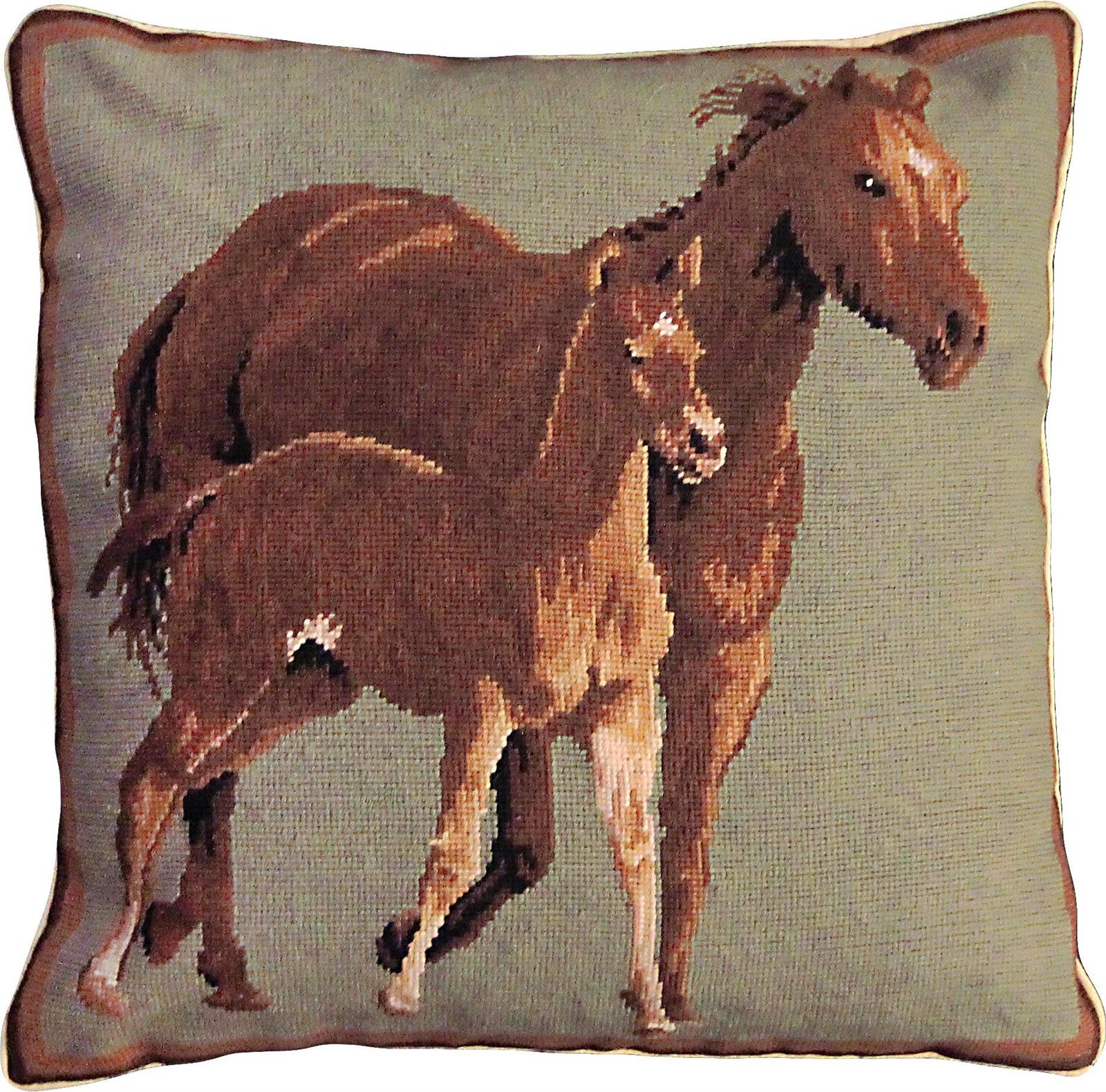 Throw Pillow Needlepoint Quarter Horses Horse Right 20x20 Sage Green Wool-Image 1
