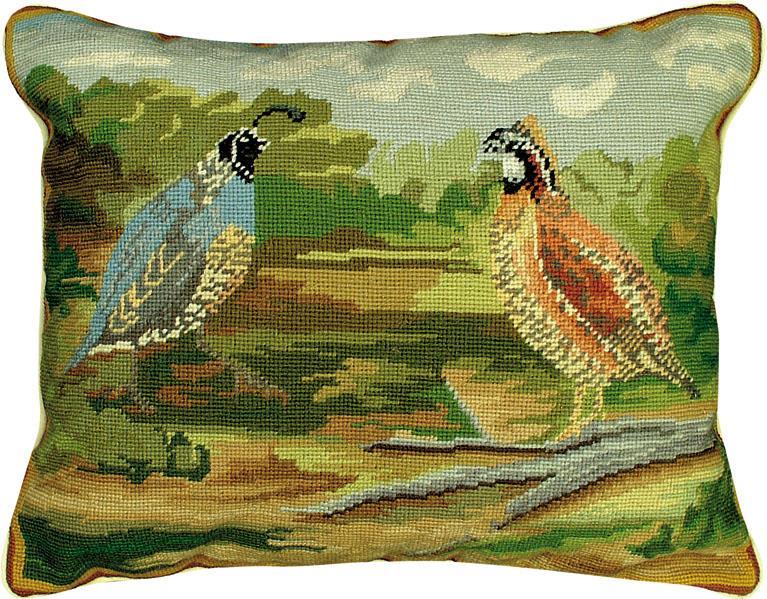 Throw Pillow Quails in Woods Bird Quail 16x20 20x16 Olive Green Wool Cotton-Image 1