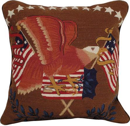 Throw Pillow Petit Point Eagle with Flag Bird 16x16 Taupe Gold White Red Beige-Image 1