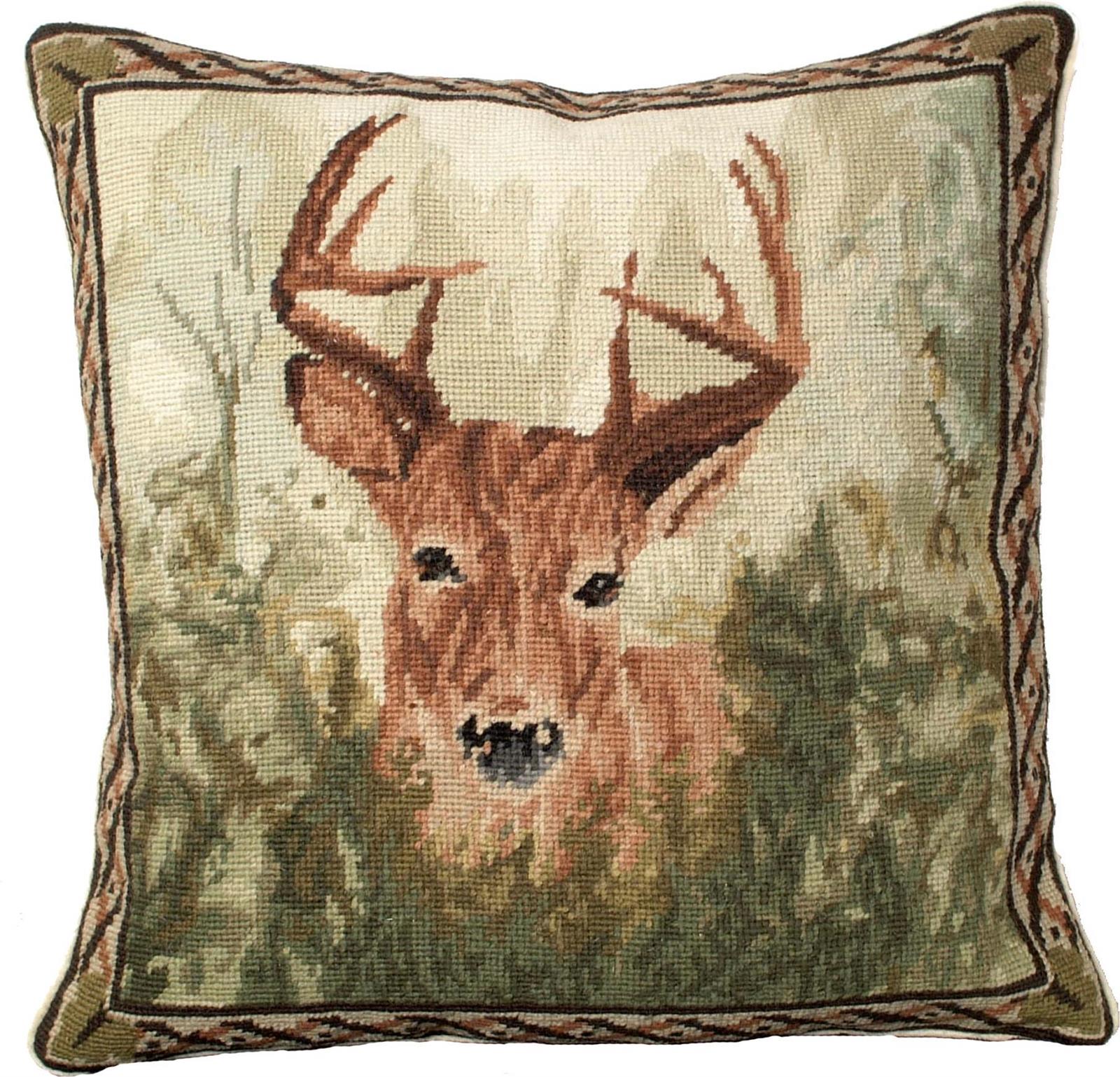 Throw Pillow Needlepoint Stag in Forest 18x18 Beige Wool Cotton Velvet-Image 1