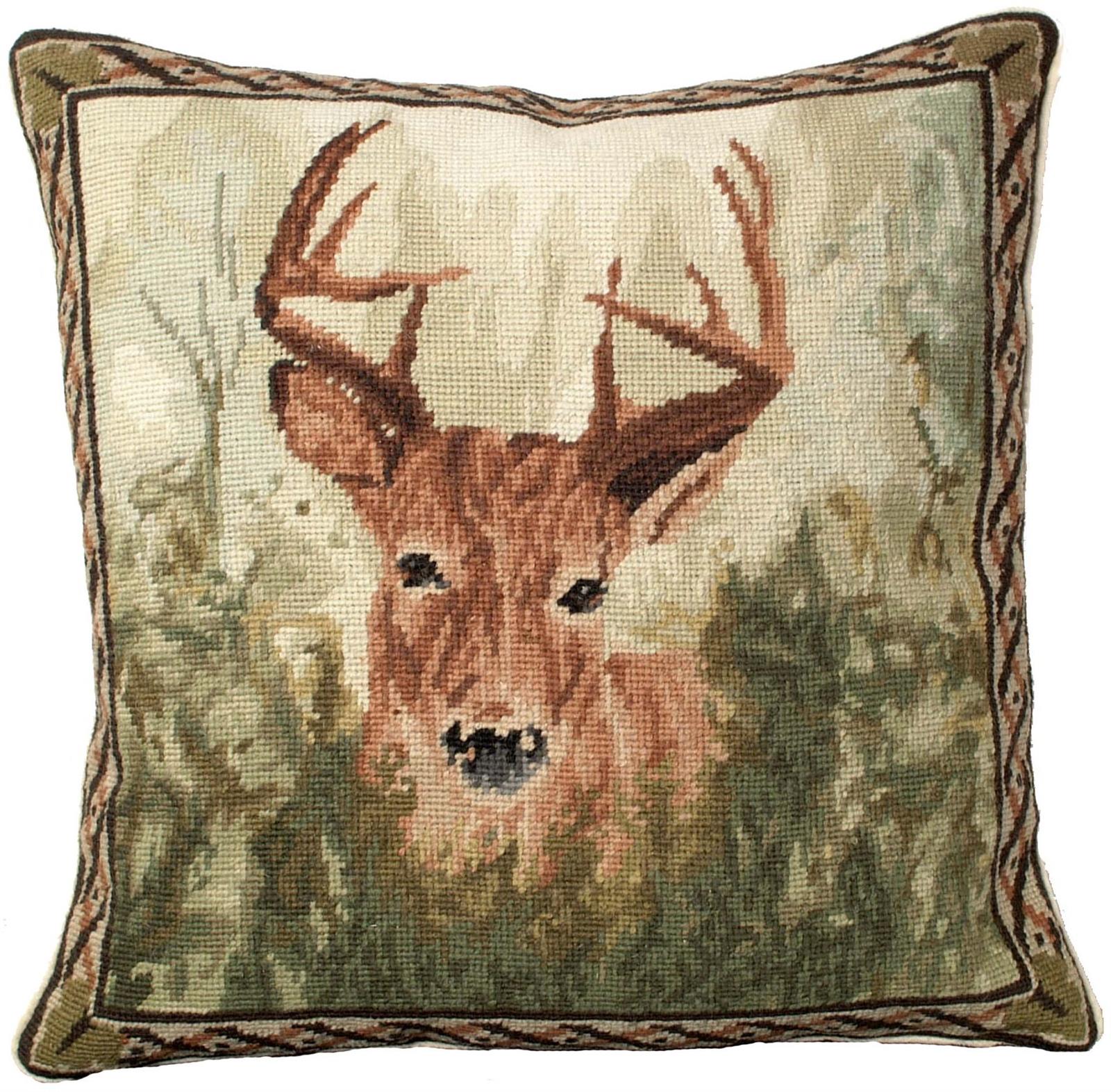 Throw Pillow Needlepoint Stag in Forest 18x18 Beige Wool Cotton Velvet-Image 3