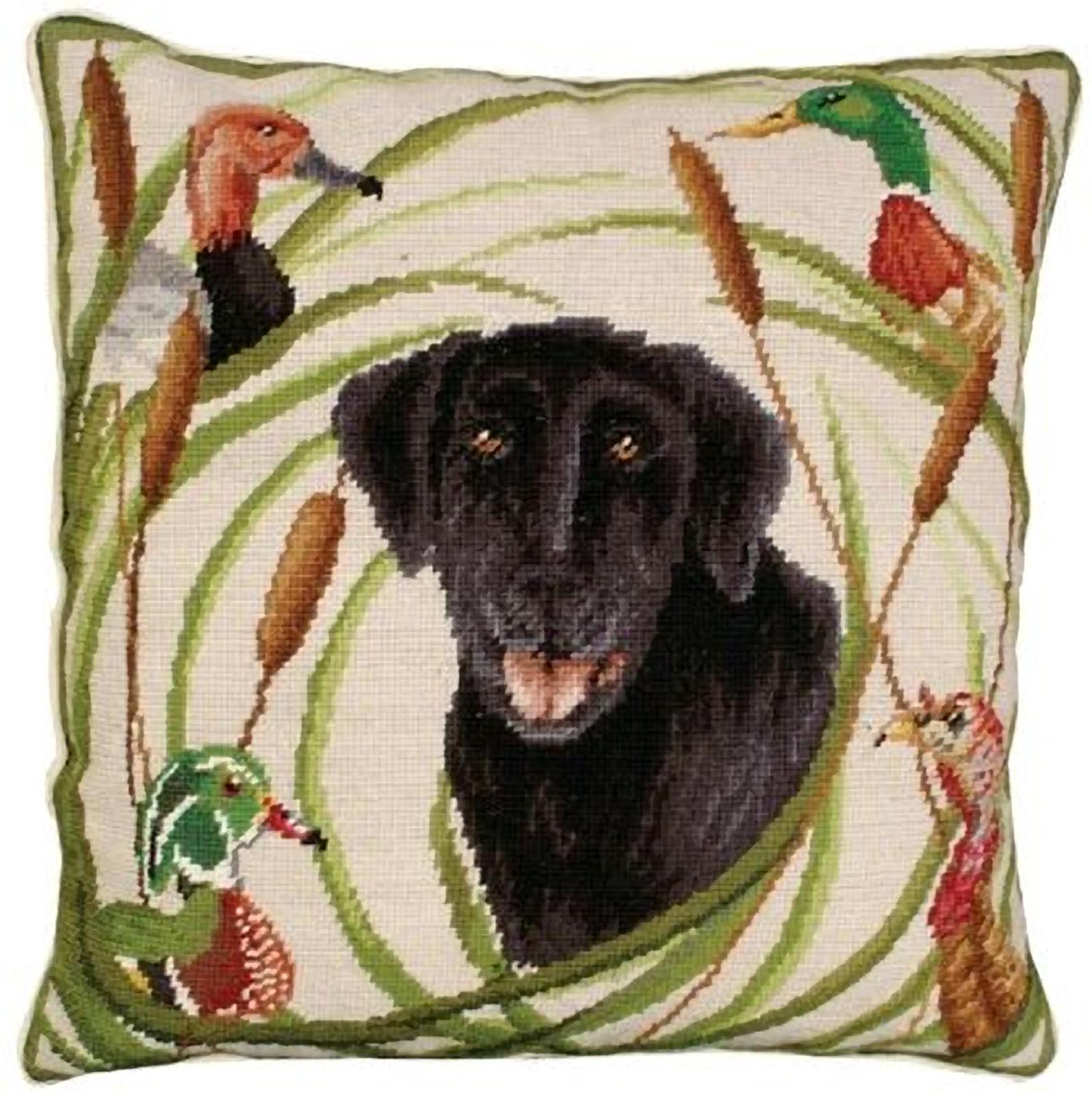 Throw Pillow Needlepoint Sporting Black Lab Dog 18x18 Green Cotton Velvet Wool-Image 1