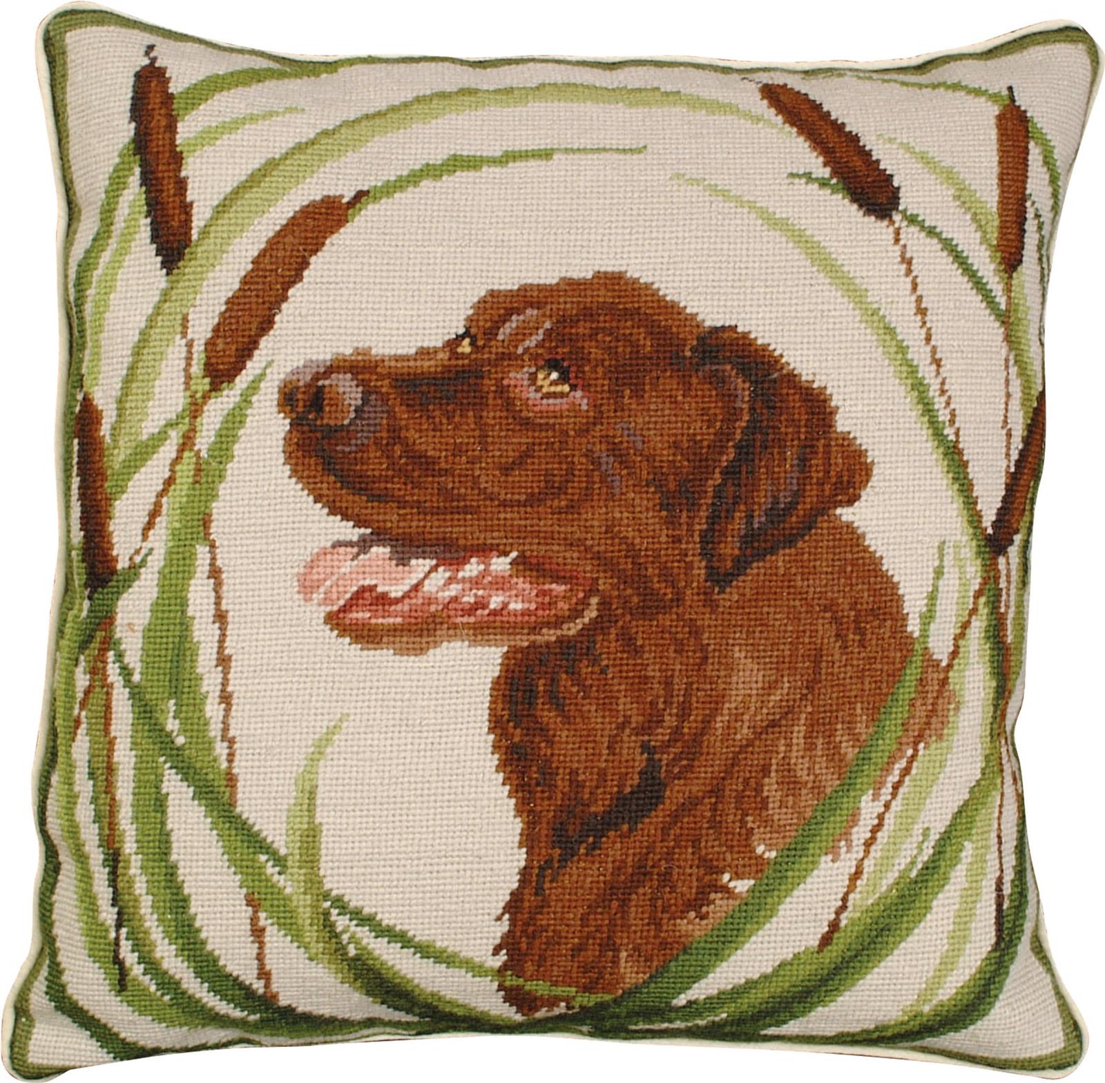 Throw Pillow Needlepoint Chocolate Lab Dog 18x18 Green Brown Wool Cotton Velvet-Image 1