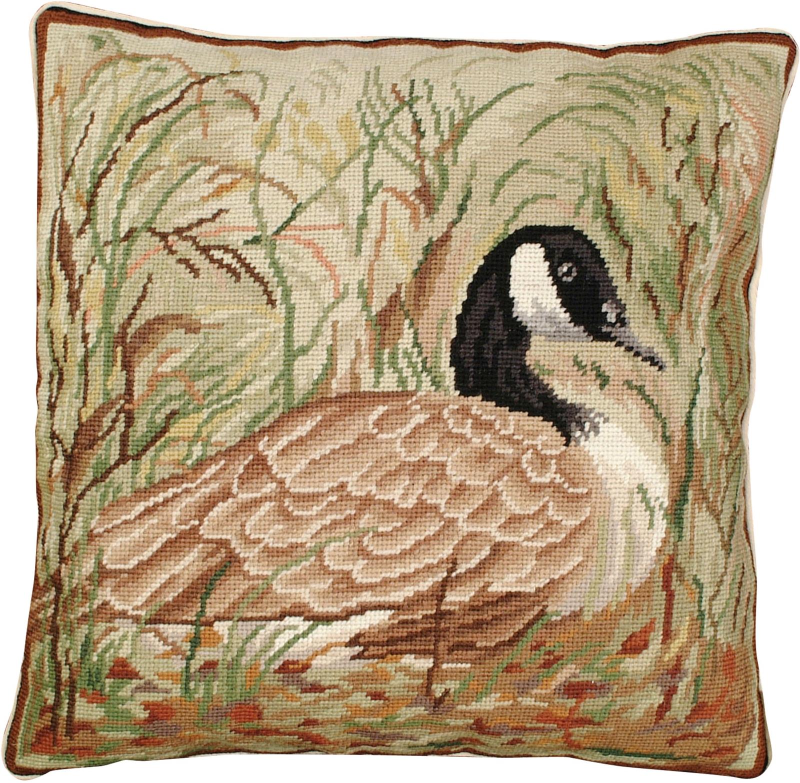 Throw Pillow Needlepoint Canada Goose 18x18 Warm Tones Beige Multi-Color Wool-Image 1