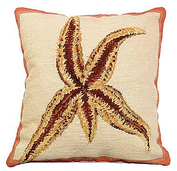 Throw Pillow Needlepoint Sea Star Ocean 18x18 Flesh Beige Cotton Velvet Back-Image 1