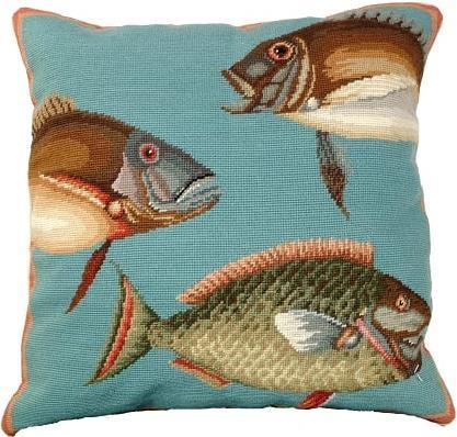 Throw Pillow Needlepoint Saltwater Fish Mark Catesby 20x20 Beige Velvet Bac-Image 1