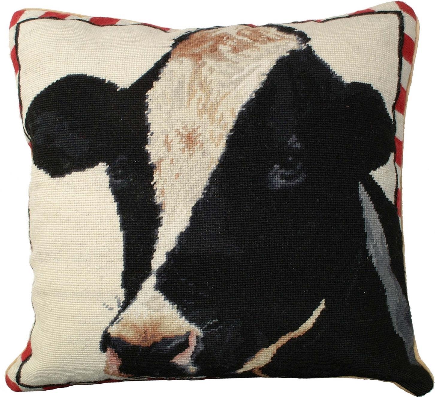 Throw Pillow Needlepoint Holstein Cow 20x20 Red Black Off-White White Wool-Image 1