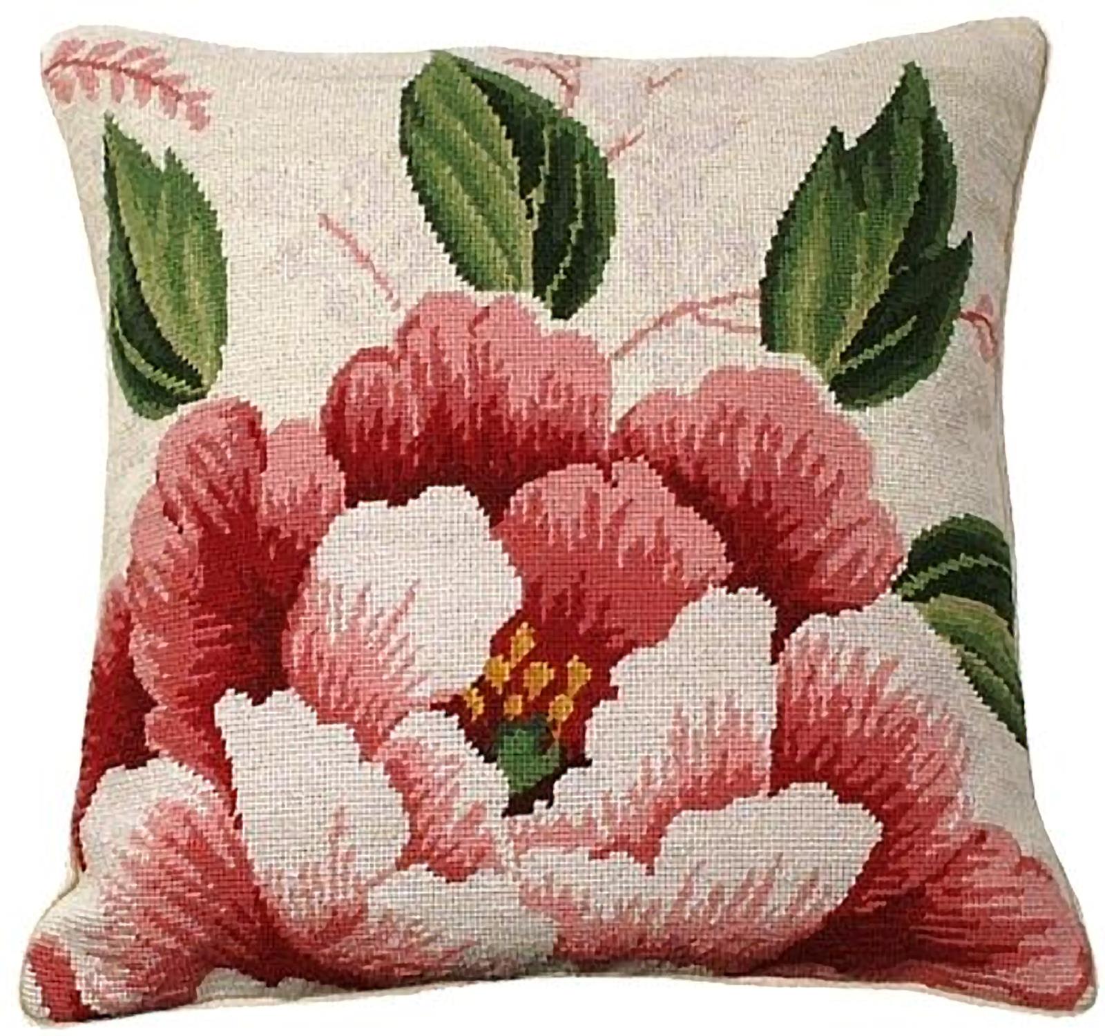 Throw Pillow Needlepoint Bouquet of Flowers 18x18 Beige Wool Cotton Velvet-Image 1