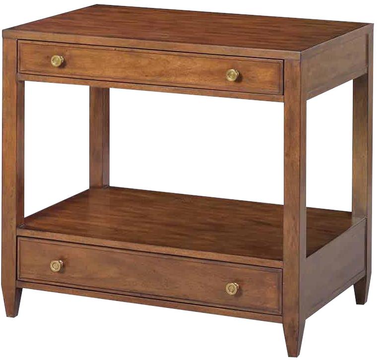 Side Table Wide Rectangular 2-Drawer Rustic Warm Brown Hand-Rubbed Wood Brass -Image 1