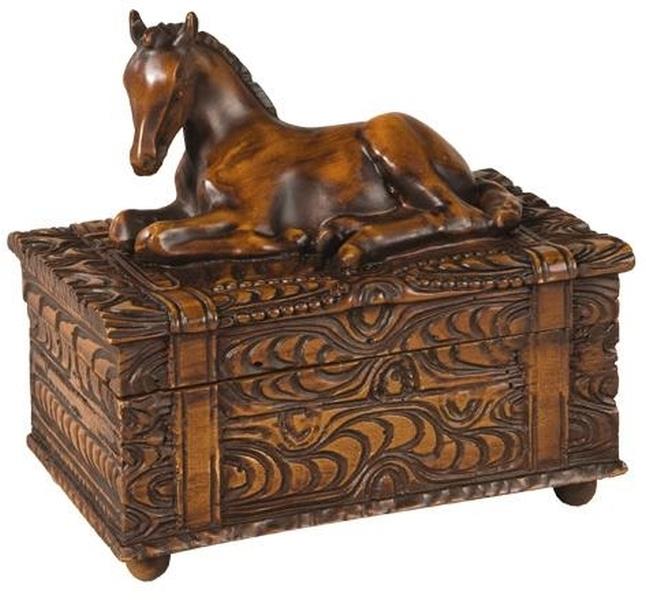 Lidded Box Resting Foal Horse Intricately Carved Hand-Cast Resin OK Casting-Image 1