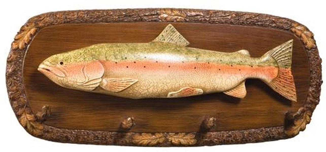 Plaque MOUNTAIN Lodge Trout and Oak Fish 4-Hook Chestnut Resin Hand-Painted-Image 1