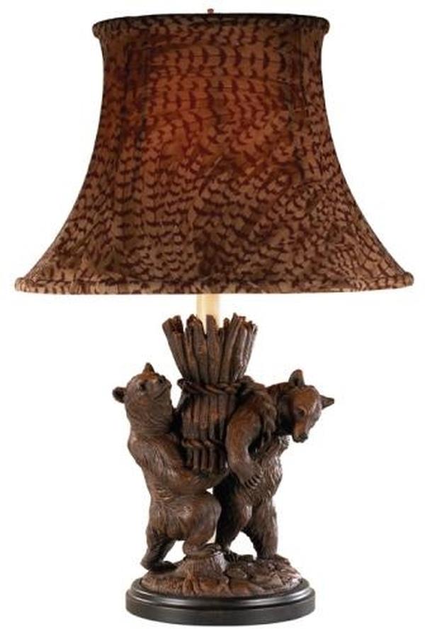 Sculpture Table Lamp Helping Bears Hand Painted OK Casting Feather Fabric Shade-Image 1