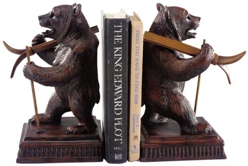 Bookends Bookend MOUNTAIN Lodge Skiing Bear Chocolate Brown Resin Hand-Painted-Image 1