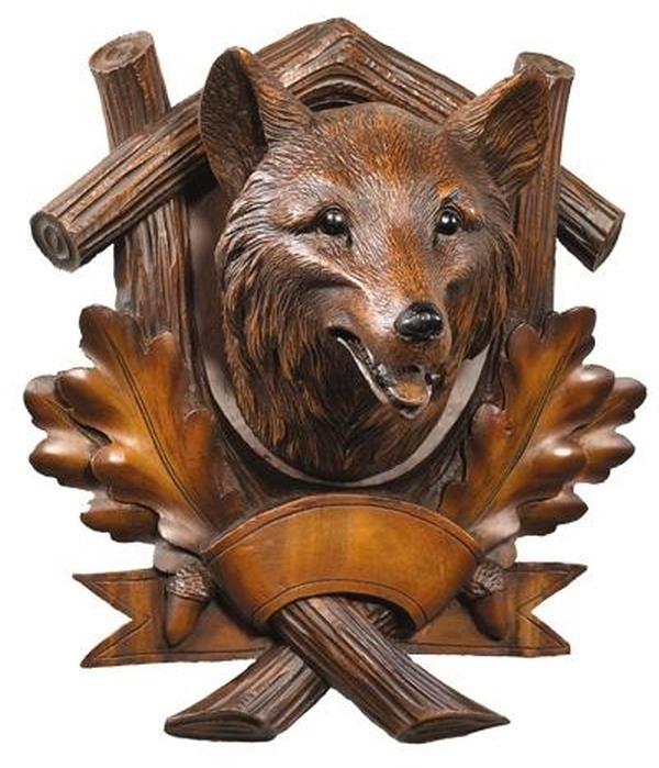 Wall Trophy Fox Head Rustic Leaves Carved Wood Look Resin Hand-Cast OK Casting-Image 1