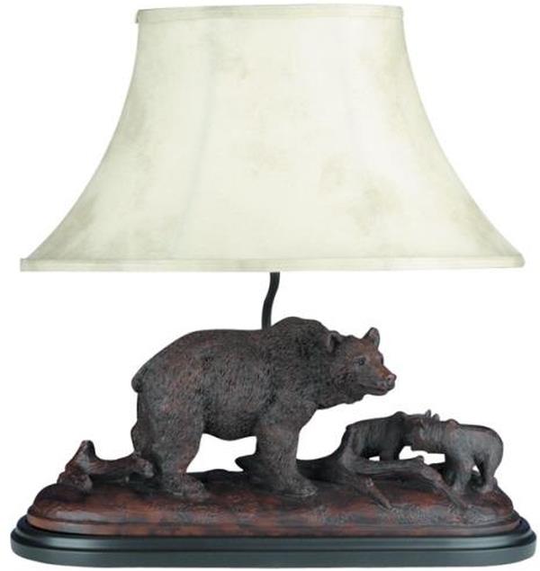 Sculpture Table Lamp MOUNTAIN Lodge Bear and Cubs 1-Light Oxblood Red Ebony-Image 1
