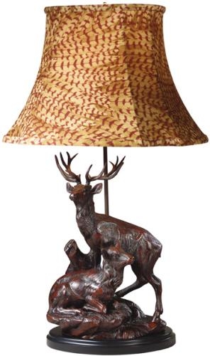 Sculpture Table Lamp Elk Mates Mountain Hand Painted Feather Fabric OK Casting-Image 1