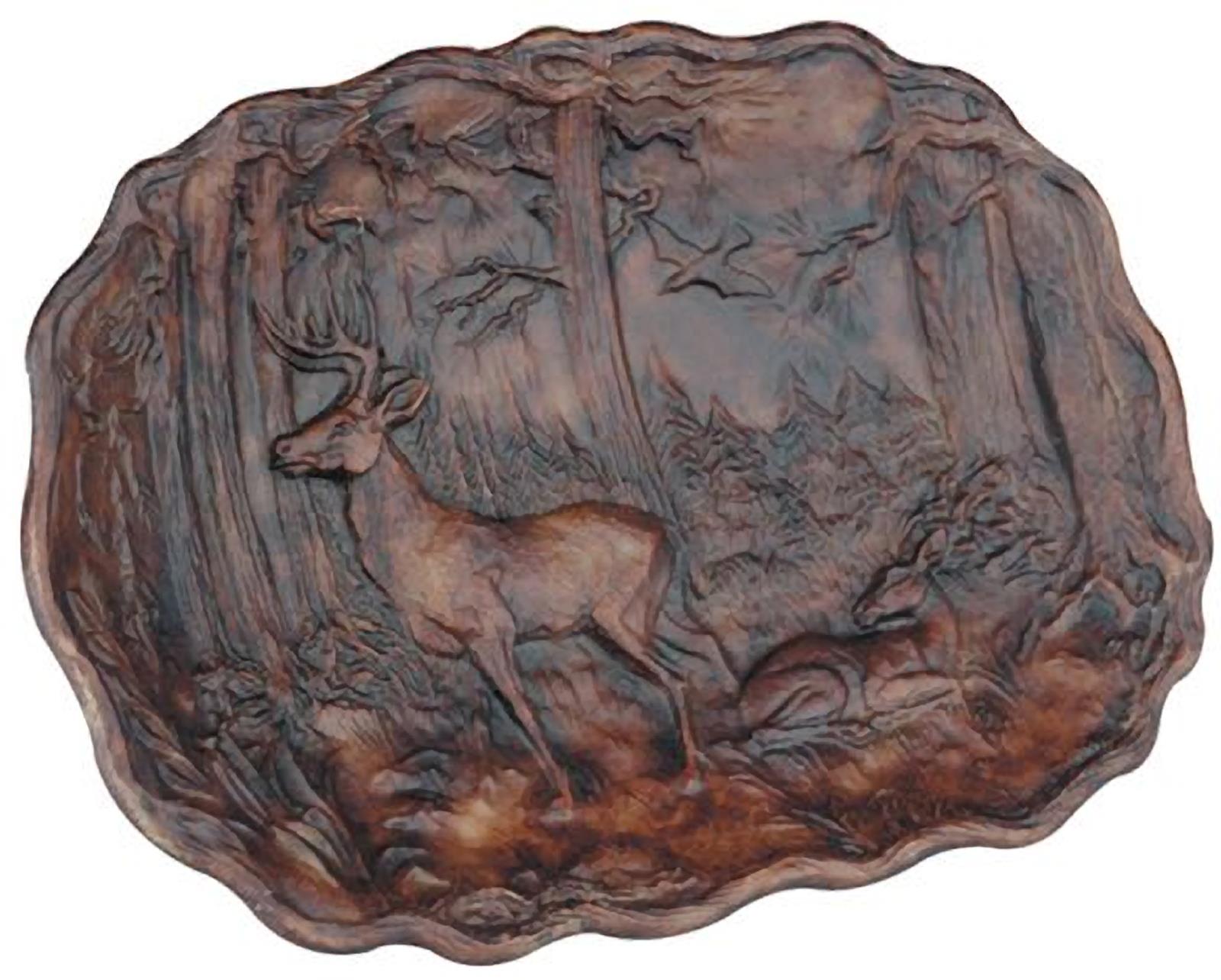 Plaque MOUNTAIN Lodge Deer in Forest Oval Resin Hand-Painted Relief Carved-Image 1