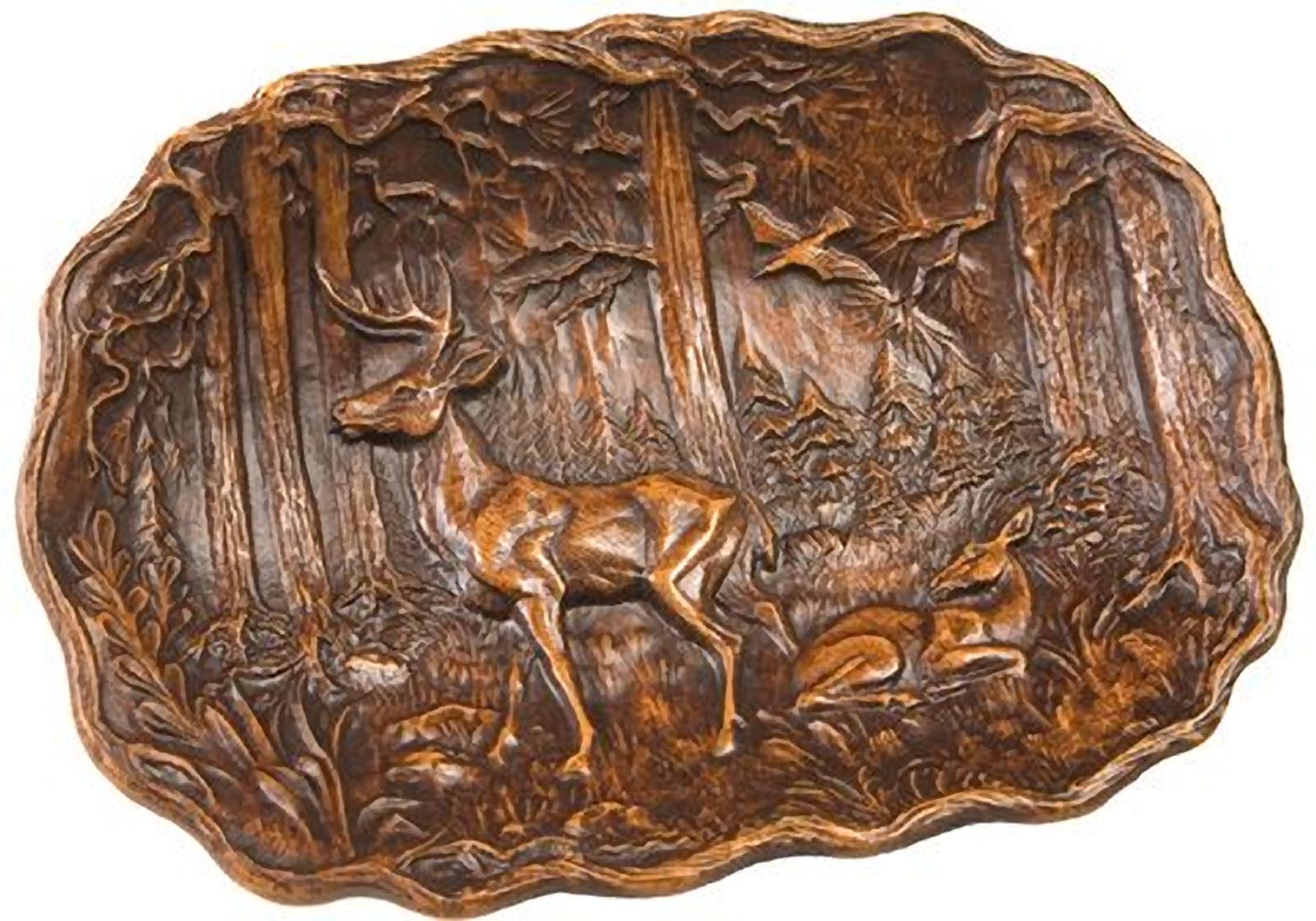 Plaque MOUNTAIN Lodge Deer in Forest Oval Resin Hand-Cast Relief Carved-Image 1