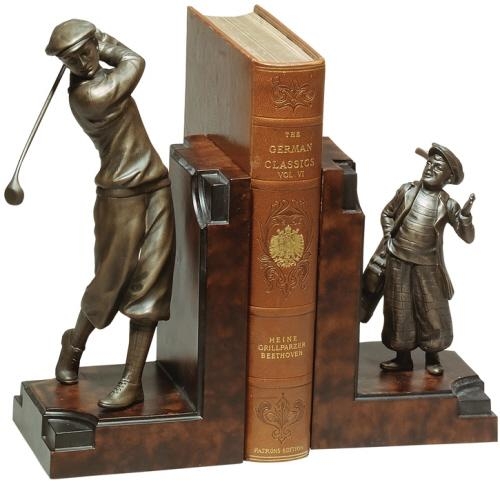 Bookends Bookend GOLF Lodge Golfer and Caddy Chocolate Brass Brown Resin-Image 1