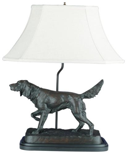 Sculpture Table Lamp Setter Dog Traditional Hand Painted OK Casting Linen Shade-Image 1