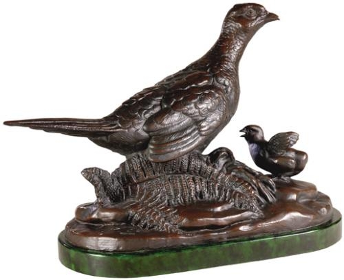 Sculpture TRADITIONAL Lodge Hen Pheasant Birds Chocolate Brown Resin Hand-Cast-Image 1