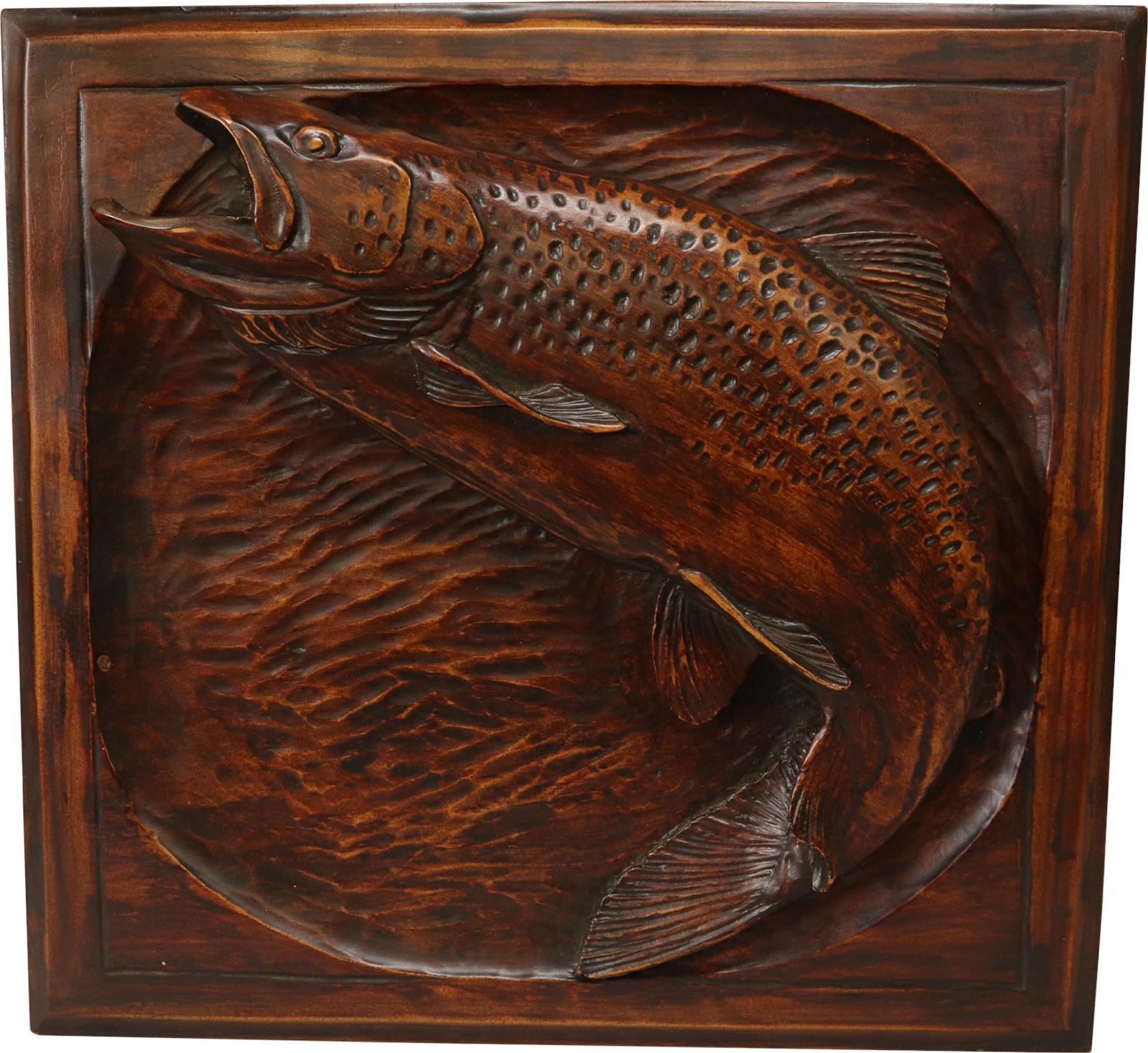 Plaque MOUNTAIN Lodge Jumping Rainbow Trout Fish Coffee Brown Resin-Image 1