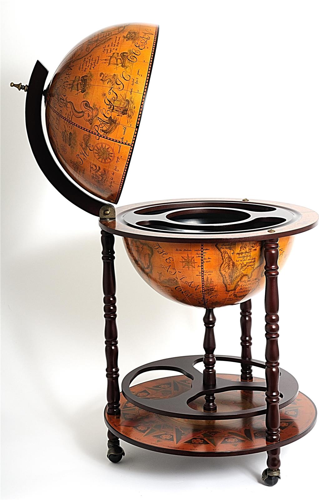 Drinks Cabinet Bar Traditional Antique Globe 17.75-In Wood Carved-Image 1