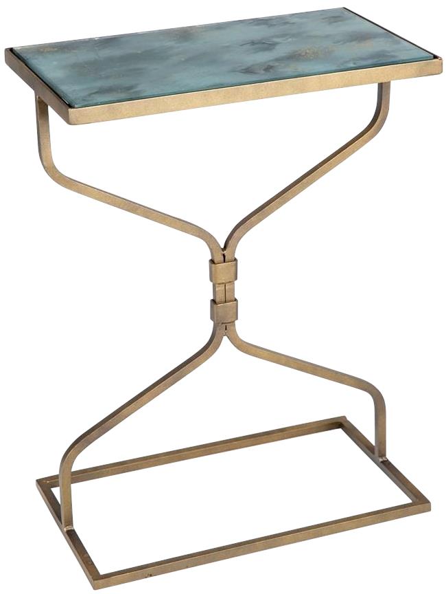 Accent Table COLE Smooth Stone Antique Gold Green Glass Shelf-Image 2