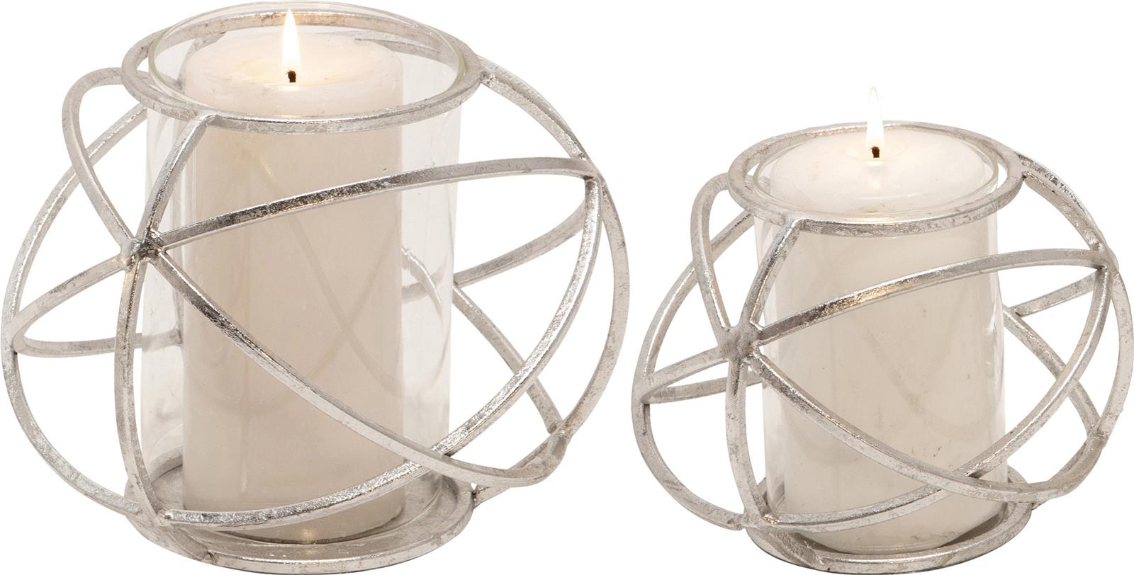 Candleholder Candlestick Contemporary Orb Silver Set 2 Metal Glass-Image 2